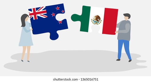 Couple holding two puzzles pieces with NZ and Mexican flags. New Zealand and Mexico national symbols together.