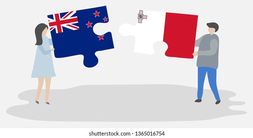 Couple holding two puzzles pieces with NZ and Maltese flags. New Zealand and Malta national symbols together.