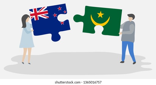 Couple holding two puzzles pieces with NZ and Mauritanian flags. New Zealand and Mauritania national symbols together.