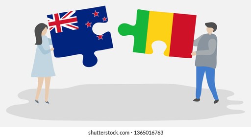 Couple holding two puzzles pieces with NZ and Malian flags. New Zealand and Mali national symbols together.
