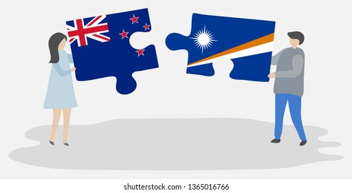 Couple holding two puzzles pieces with NZ and Marshallese flags. New Zealand and Marshall Islands national symbols together.