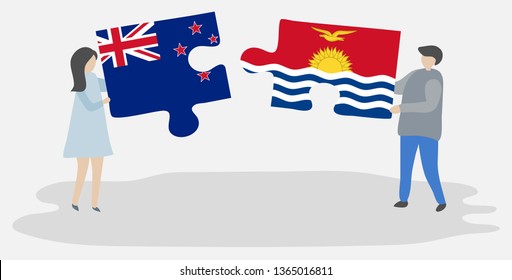 Couple holding two puzzles pieces with NZ and I-Kiribati flags. New Zealand and Kiribati national symbols together.