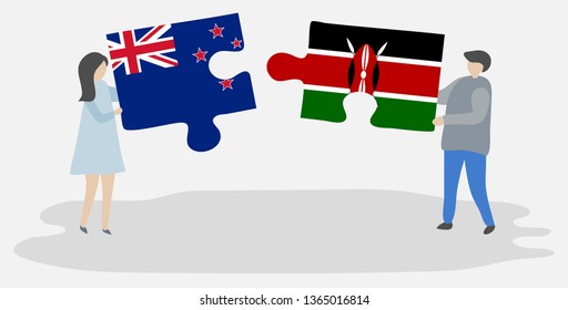 Couple holding two puzzles pieces with NZ and Kenyan flags. New Zealand and Kenya national symbols together.