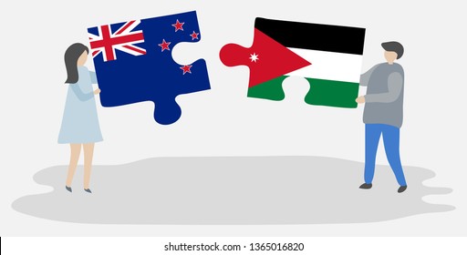 Couple holding two puzzles pieces with NZ and Jordanian flags. New Zealand and Jordan national symbols together.