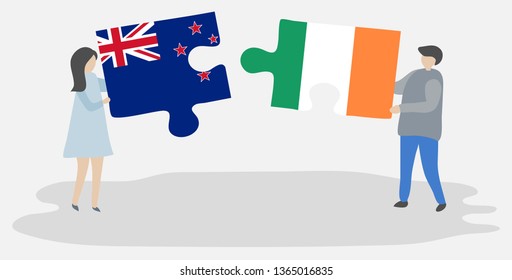 Couple holding two puzzles pieces with NZ and Irish flags. New Zealand and Ireland national symbols together.