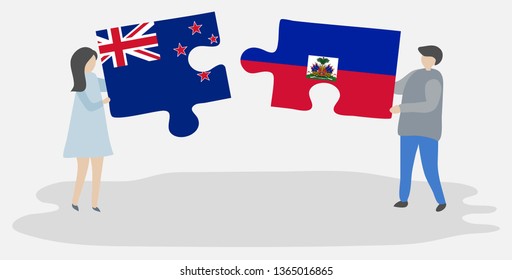 Couple holding two puzzles pieces with NZ and Haitian flags. New Zealand and Haiti national symbols together.