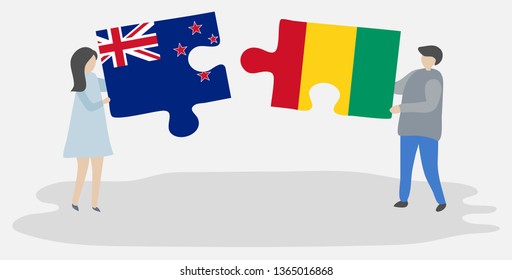 Couple holding two puzzles pieces with NZ and Guinean flags. New Zealand and Guinea national symbols together.