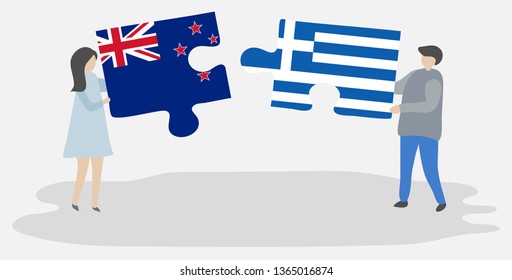 Couple holding two puzzles pieces with NZ and Greek flags. New Zealand and Greece national symbols together.