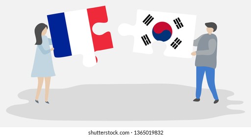 Couple holding two puzzles pieces with French and South Korean flags. France and South Korea national symbols together.
