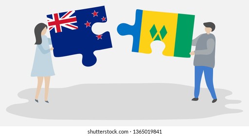 Couple holding two puzzles pieces with NZ and Vincentian flags. New Zealand and Saint Vincent and the Grenadines national symbols together.