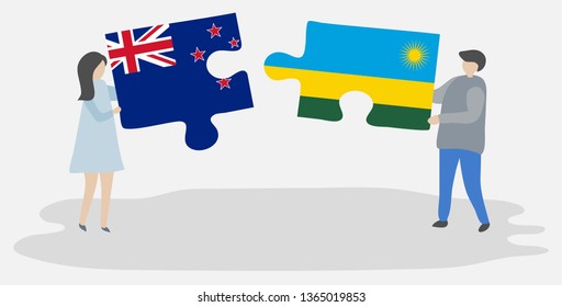 Couple holding two puzzles pieces with NZ and Rwandan flags. New Zealand and Rwanda national symbols together.