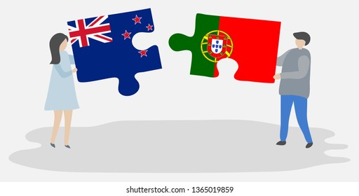 Couple holding two puzzles pieces with NZ and Portuguese flags. New Zealand and Portugal national symbols together.