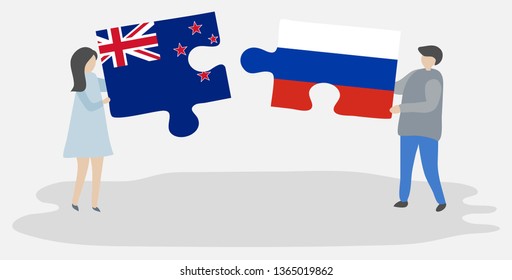 Couple holding two puzzles pieces with NZ and Russian flags. New Zealand and Russia national symbols together.