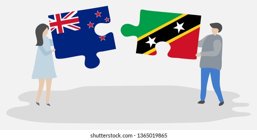 Couple holding two puzzles pieces with NZ and Kittitian flags. New Zealand and Saint Kitts and Nevis national symbols together.