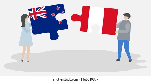 Couple holding two puzzles pieces with NZ and Peruvian flags. New Zealand and Peru national symbols together.