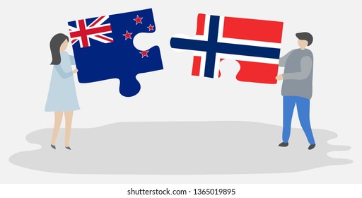 Couple holding two puzzles pieces with NZ and Norwegian flags. New Zealand and Norway national symbols together.