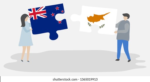 Couple holding two puzzles pieces with NZ and Cypriot flags. New Zealand and Cyprus national symbols together.