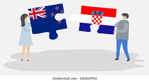 Couple holding two puzzles pieces with NZ and Croatian flags. New Zealand and Croatia national symbols together.