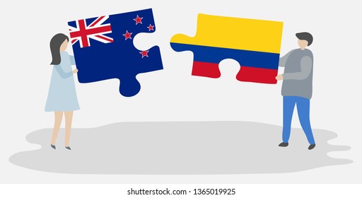 Couple holding two puzzles pieces with NZ and Colombian flags. New Zealand and Colombia national symbols together.