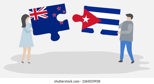 Couple holding two puzzles pieces with NZ and Cuban flags. New Zealand and Cuba national symbols together.