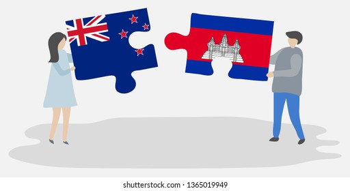 Couple holding two puzzles pieces with NZ and Cambodian flags. New Zealand and Cambodia national symbols together.