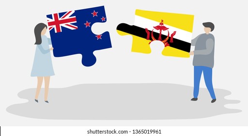 Couple holding two puzzles pieces with NZ and Bruneian flags. New Zealand and Brunei national symbols together.