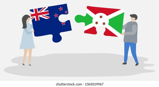Couple holding two puzzles pieces with NZ and Burundian flags. New Zealand and Burundi national symbols together.