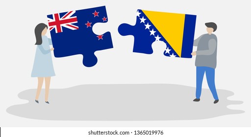 Couple holding two puzzles pieces with NZ and Bosnian flags. New Zealand and Bosnia and Herzegovina national symbols together.