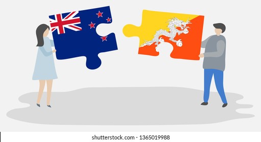 Couple holding two puzzles pieces with NZ and Bhutanese flags. New Zealand and Bhutan national symbols together.