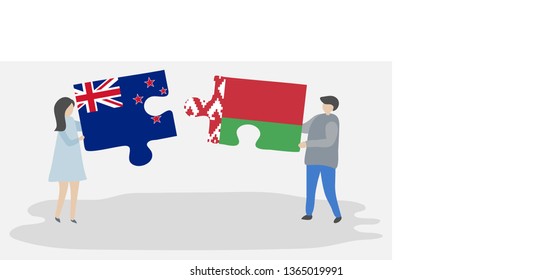 Couple holding two puzzles pieces with NZ and Belarusian flags. New Zealand and Belarus national symbols together.