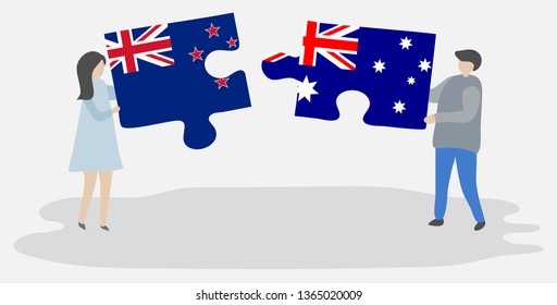 Couple holding two puzzles pieces with NZ and Australian flags. New Zealand and Australia national symbols together.