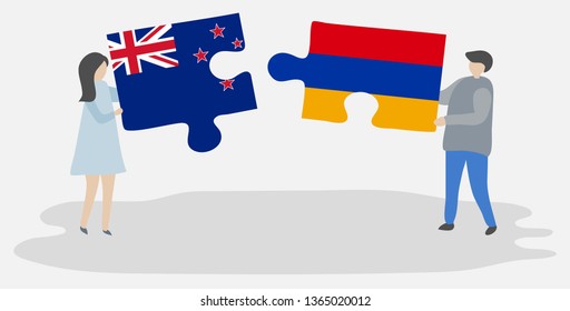 Couple holding two puzzles pieces with NZ and Armenian flags. New Zealand and Armenia national symbols together.