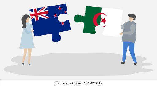 Couple holding two puzzles pieces with NZ and Algerian flags. New Zealand and Algeria national symbols together.
