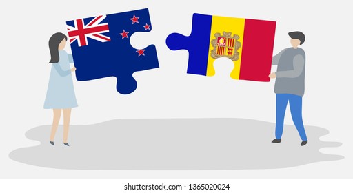 Couple holding two puzzles pieces with NZ and Andorran flags. New Zealand and Andorra national symbols together.