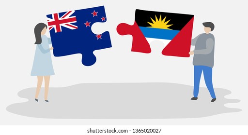 Couple holding two puzzles pieces with NZ and Antiguan flags. New Zealand and Antigua and Barbuda national symbols together.