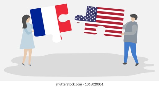 Couple holding two puzzles pieces with French and American flags. France and United States of America national symbols together.
