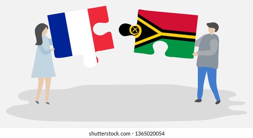 Couple holding two puzzles pieces with French and Vanuatuan flags. France and Vanuatu national symbols together.