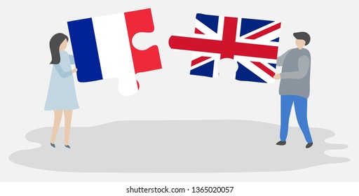 Couple holding two puzzles pieces with French and British flags. France and United Kingdom national symbols together.