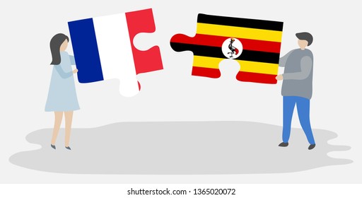 Couple holding two puzzles pieces with French and Ugandan flags. France and Uganda national symbols together.