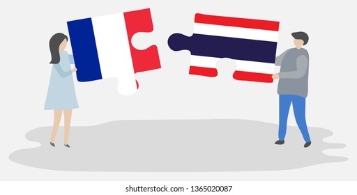 Couple holding two puzzles pieces with French and Thai flags. France and Thailand national symbols together.