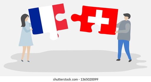 Couple holding two puzzles pieces with French and Swiss flags. France and Switzerland national symbols together.