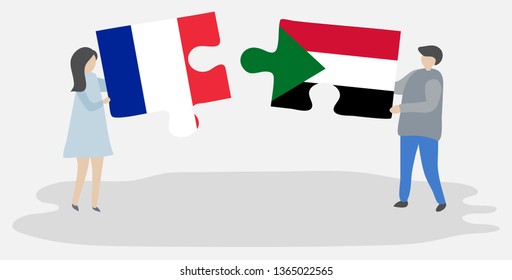 Couple holding two puzzles pieces with French and Sudanese flags. France and Sudan national symbols together.