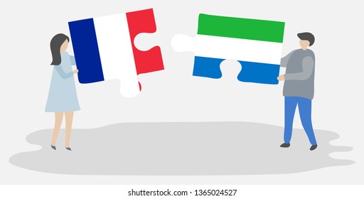 Couple holding two puzzles pieces with French and Sierra Leonean flags. France and Sierra Leone national symbols together.