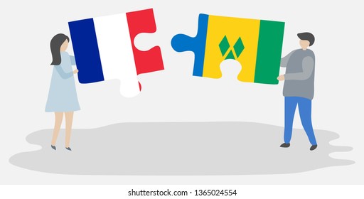Couple holding two puzzles pieces with French and Vincentian flags. France and Saint Vincent and the Grenadines national symbols together.