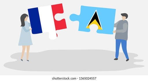 Couple holding two puzzles pieces with French and Saint Lucian flags. France and Saint Lucia national symbols together.