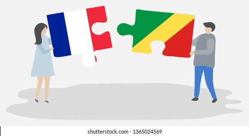 Couple holding two puzzles pieces with French and Congolese flags. France and Republic of the Congo national symbols together.