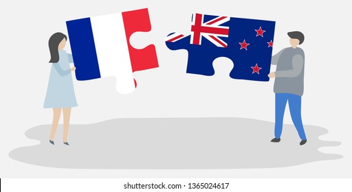 Couple holding two puzzles pieces with French and NZ flags. France and New Zealand national symbols together.