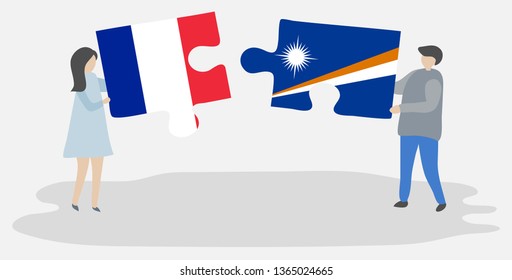 Couple holding two puzzles pieces with French and Marshallese flags. France and Marshall Islands national symbols together.
