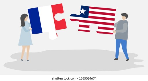 Couple holding two puzzles pieces with French and Liberian flags. France and Liberia national symbols together.