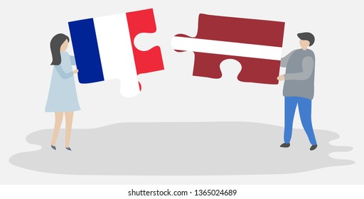 Couple holding two puzzles pieces with French and Latvian flags. France and Latvia national symbols together.